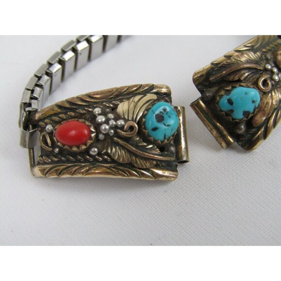 VTG Sterling Silver 12kt Gold F Womens Southwestern Turquoise Coral Watch Band - Picture 2 of 10